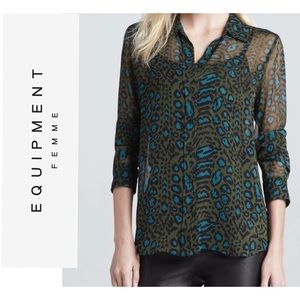 Equipment sheer silk cheetah print teal and green button down blouse